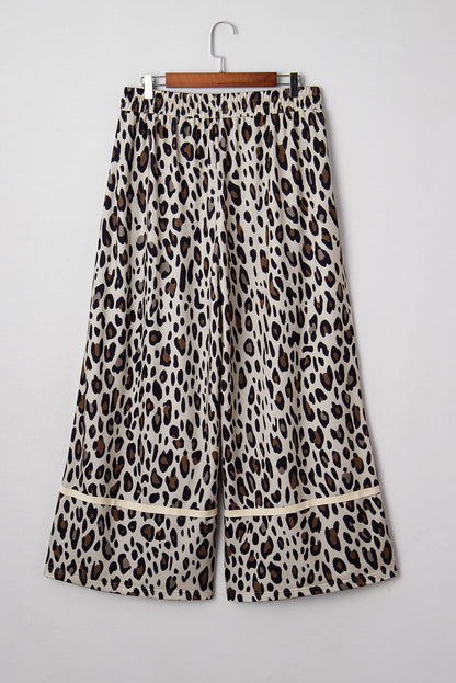 Khaki Exposed Seam Patched Pocket Plus Size Drawstring Leopard Wide Leg Pants
