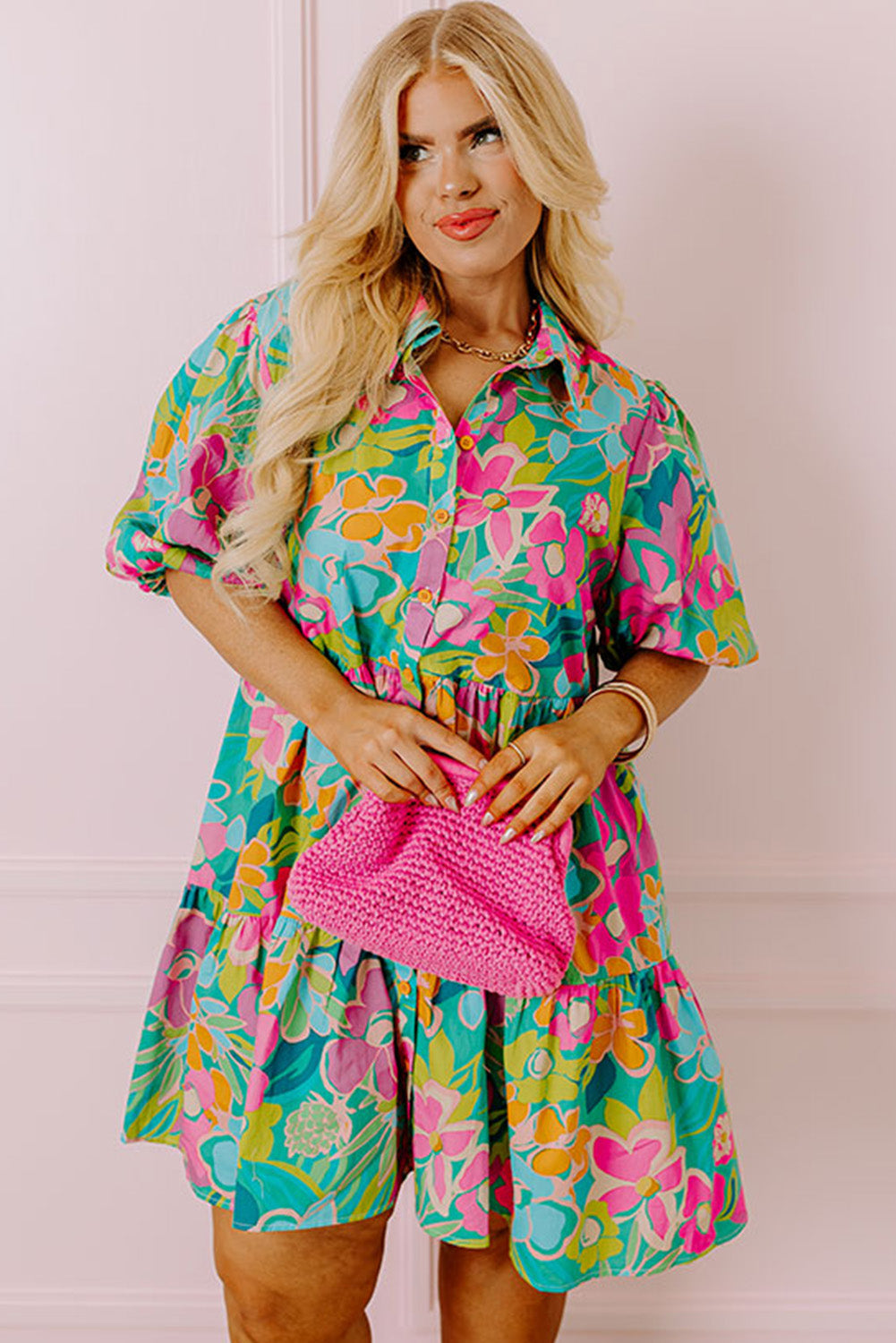 Green Floral Print Tiered Shirt Dress with Puff Sleeves