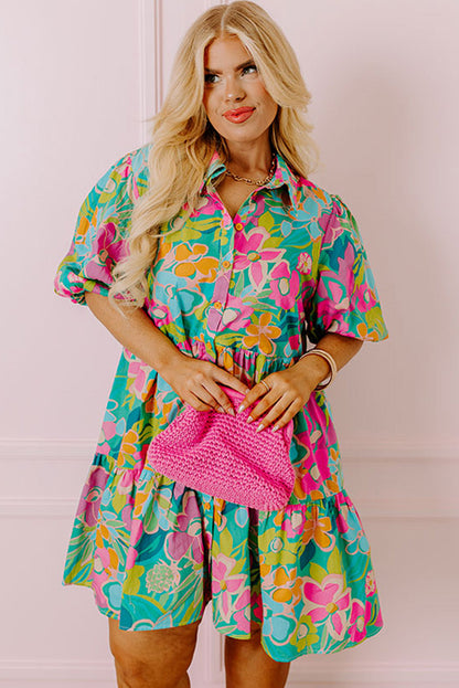 Green Floral Print Tiered Shirt Dress with Puff Sleeves