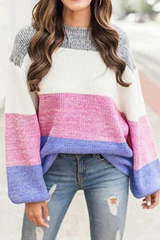 Pink Long Sleeve Knitted Round Neck Casual Sweater
