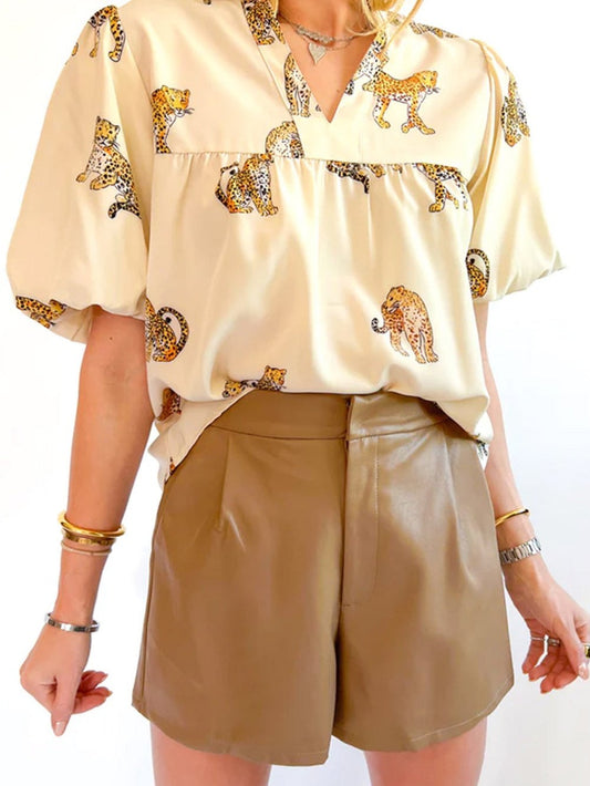 Apricot Leopard Print V-Neck Puff Half Sleeve Blouse