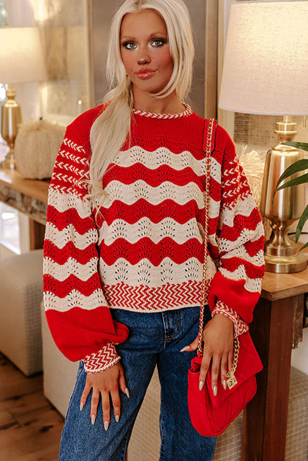 Black Stripe Pointelle Knit Contrast Trim Puff Sleeve Sweater