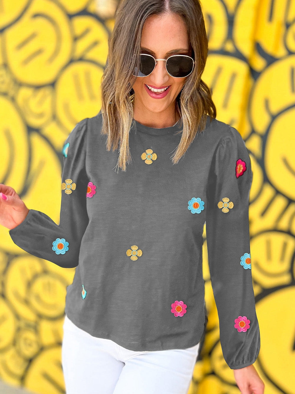 Grey Blossom Embroidered Puff Sleeve Top