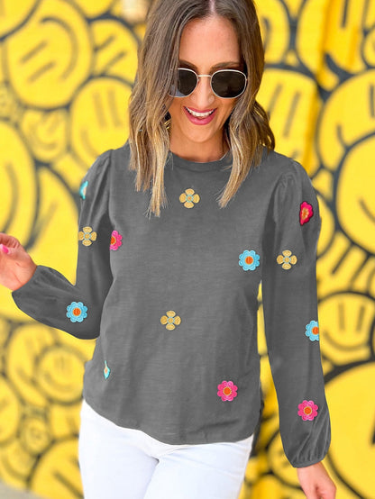Grey Blossom Embroidered Puff Sleeve Top