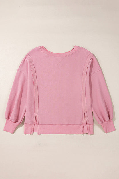Pink Waffle knit Bishop Sleeve Split Oversized Top