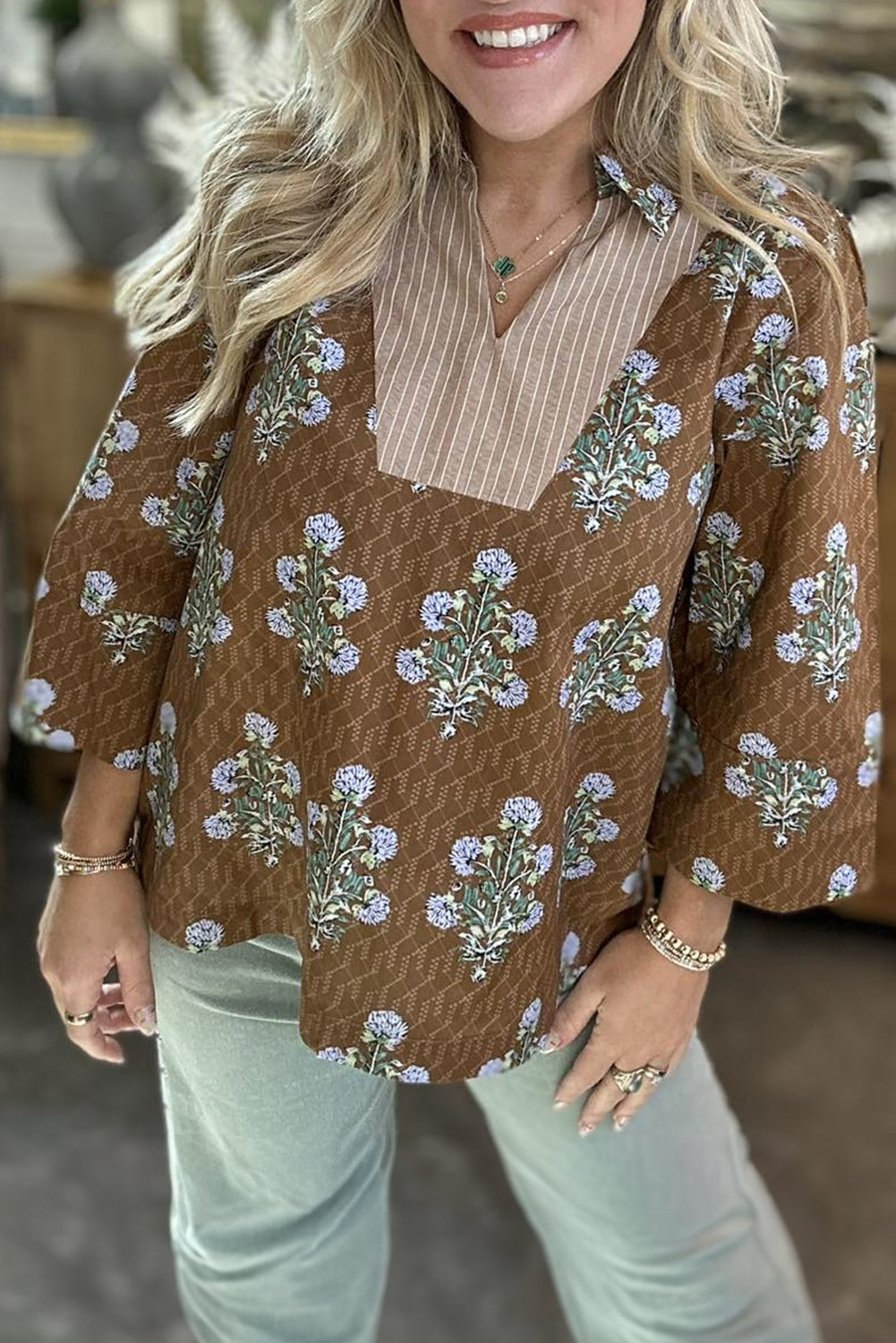 Brown Plus Size Floral Print Striped Patchwork V Neck Blouse