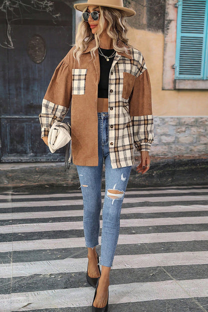 Camel Colorblock Plaid Patchwork Dropped Shoulder Loose Shacket
