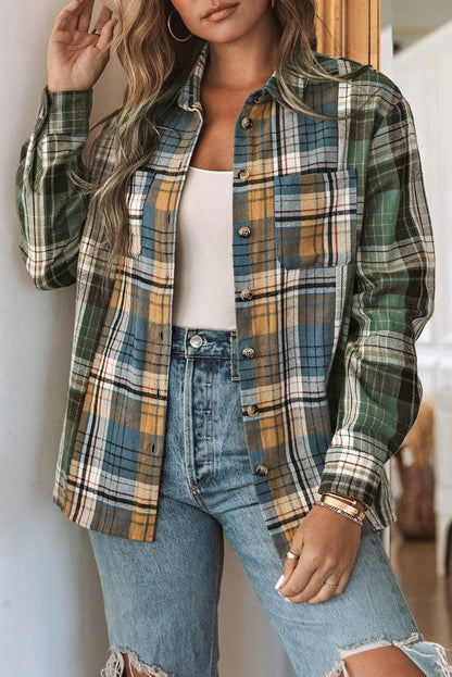 Green Plaid Shacket with Button Up Chest Pockets