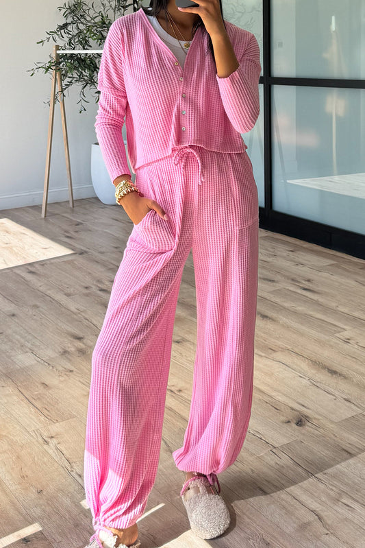 Sachet Pink Waffle Cropped Cardigan Tie Hem Wide Leg 2pcs Lounge Pant Set