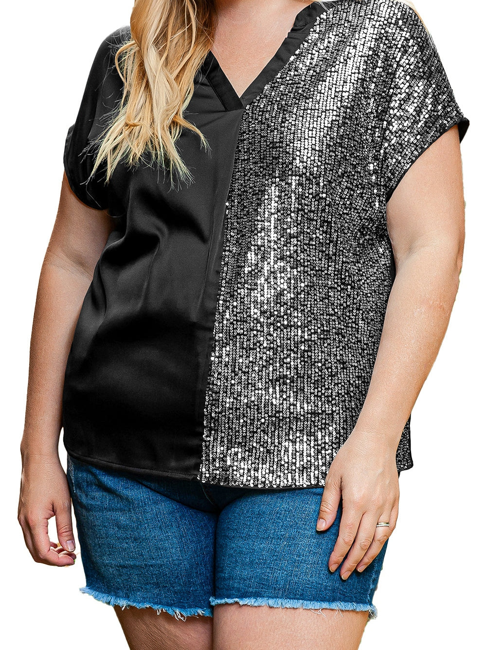 Black Plus Size Sequined Patchwork V Neck Tee