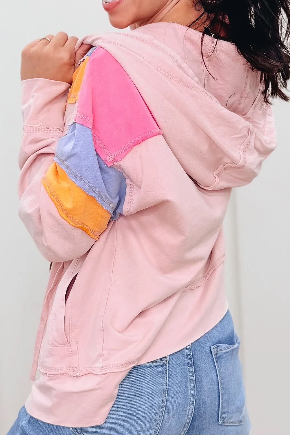 Multicolour Contrast Block Stitched Full Zipped Hoodie with Pockets