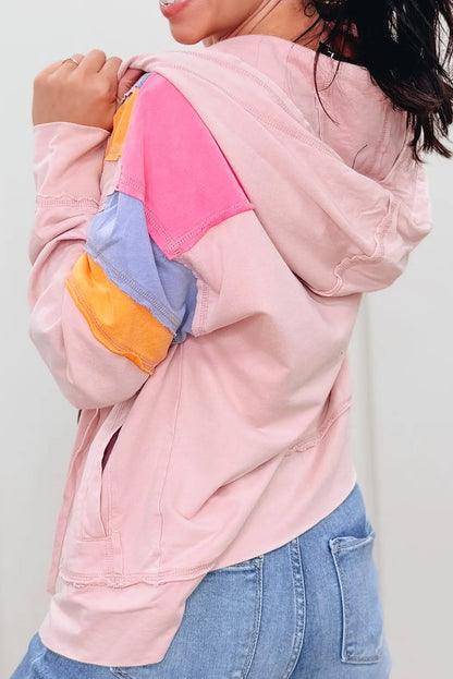 Multicolour Contrast Block Stitched Full Zipped Hoodie with Pockets