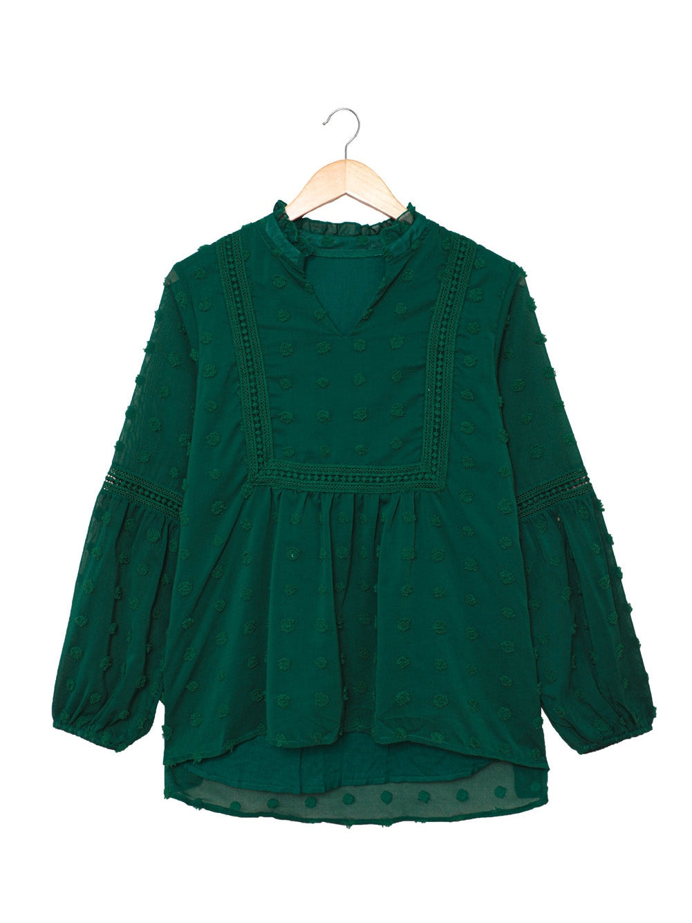 Green Polka Dot Lace Ruffle Split Neck Puff Sleeve Blouse