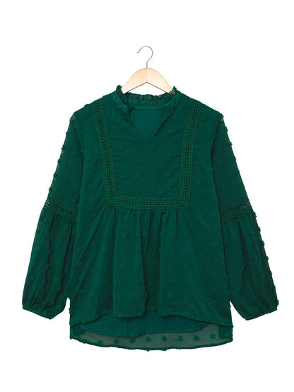 Green Polka Dot Lace Ruffle Split Neck Puff Sleeve Blouse