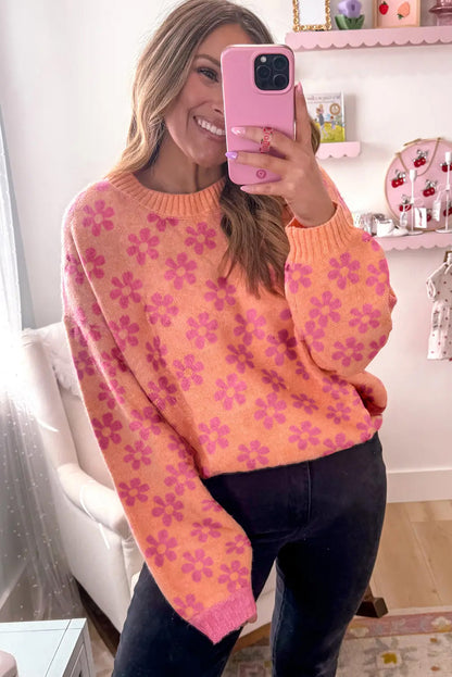 Grapefruit Orange Ribbed Trim Flower Pattern Loose Sweater