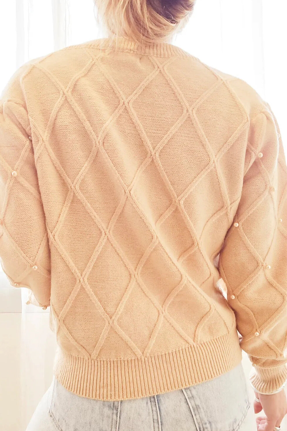 Banana Cream Pearl Embellished Rhombus Knit Casual Sweater