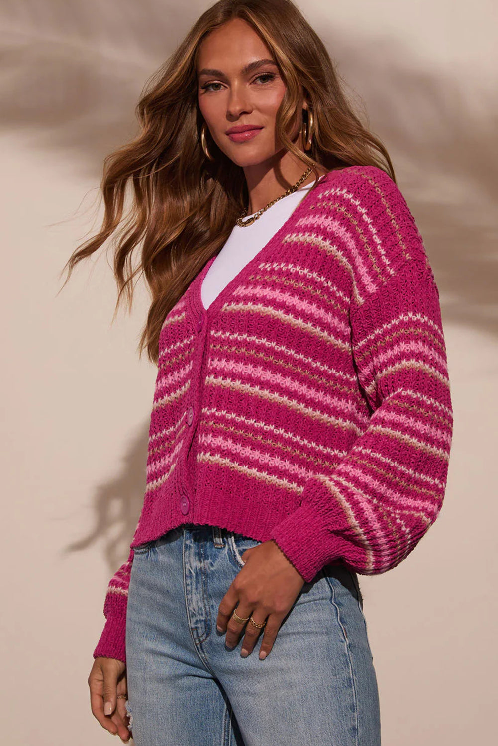 Rose Stripe Button V Neck Drop Shoulder Puff Sleeve Sweater Cardigan