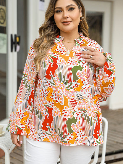 Orange Abstract Floral Frilled V-Neck Plus Size Blouse
