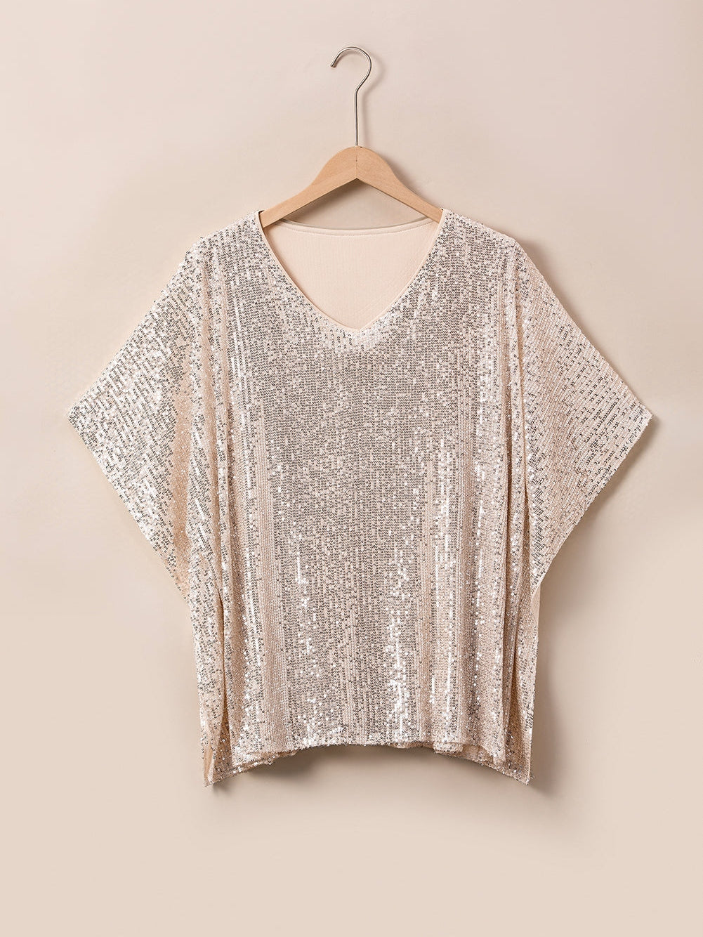 Apricot Plus Size Sequined V Neck Boxy Top