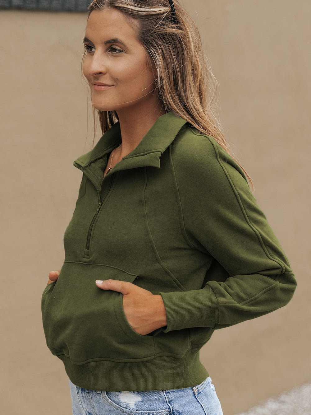 Green Ribbed Stand Collar Thumbhole Sleeve Casual Sweatshirt with Zipper