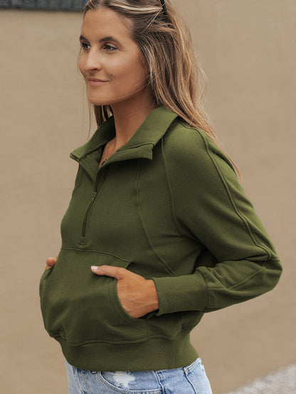Green Ribbed Stand Collar Thumbhole Sleeve Casual Sweatshirt with Zipper