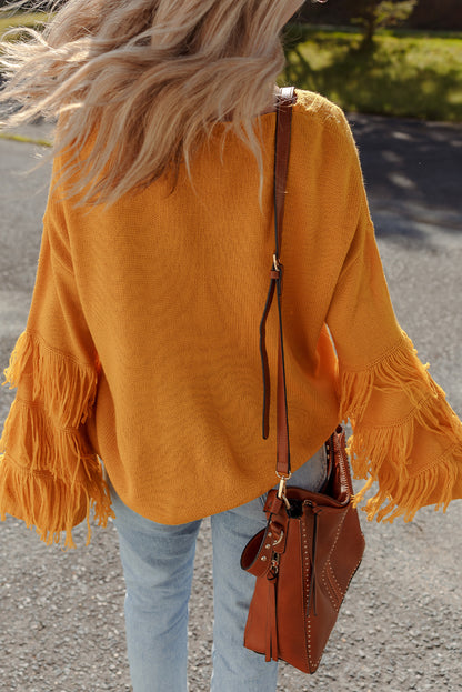 Jurassic Gold Pattern Knit Detail Fringe Trim Bell Sleeve Drop Shoulder Sweater