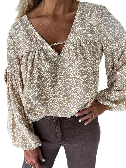 Khaki Leopard Print V Neck Bubble Sleeve Blouse