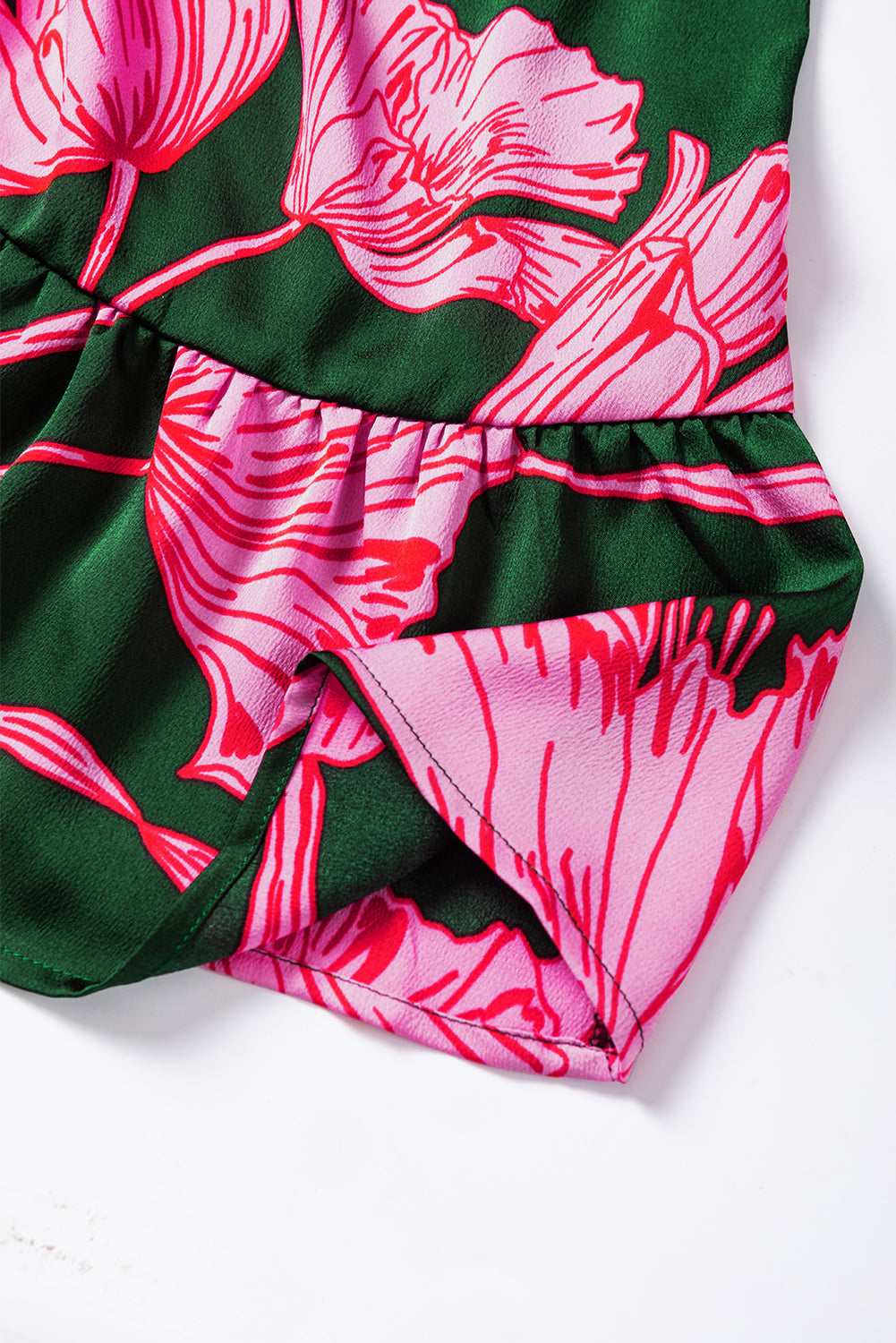 Green Plus Size Shirred Bracelet Sleeve Ruffled Floral Dress