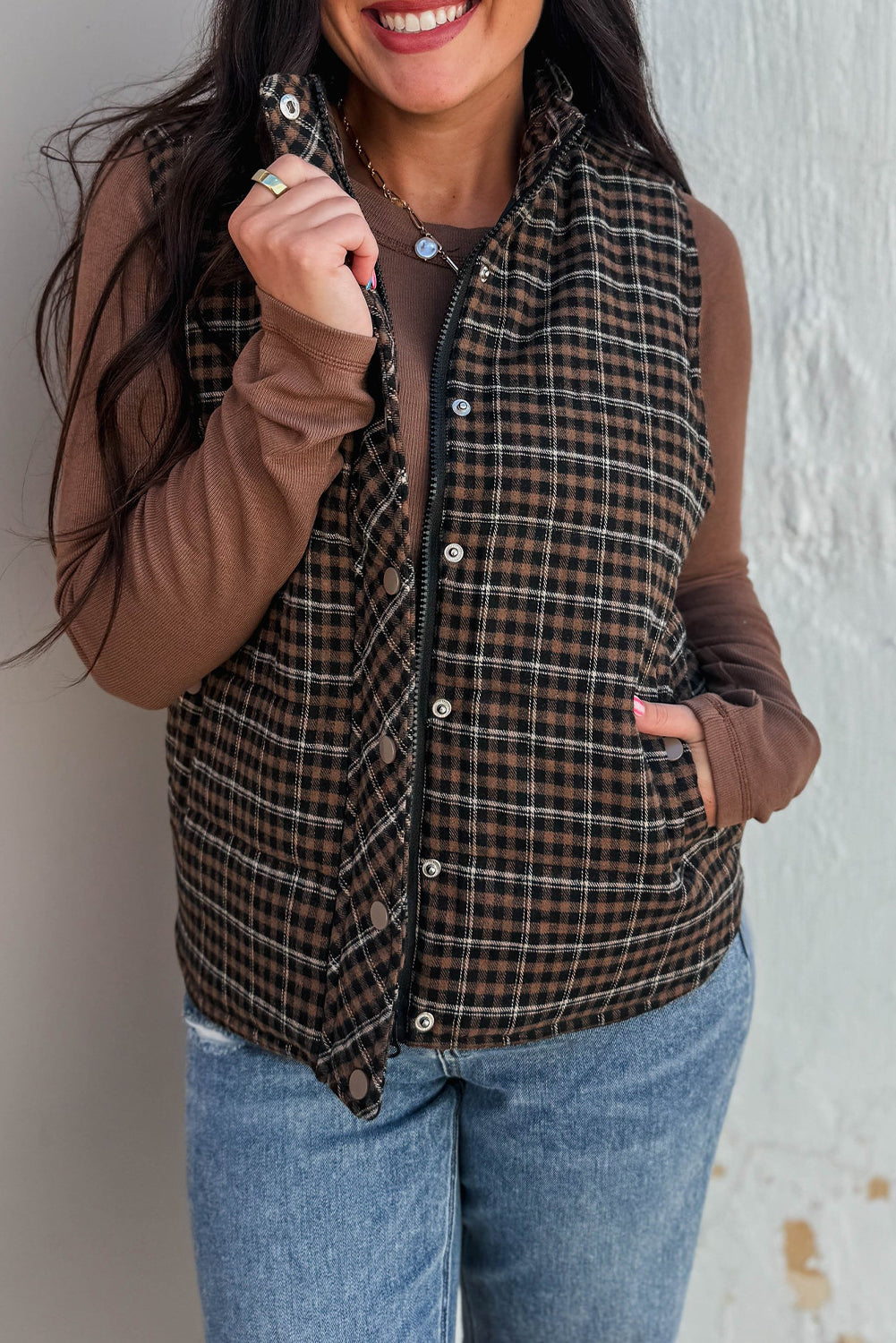 Green Retro Plaid Snap Button Zip Up Winter Vest