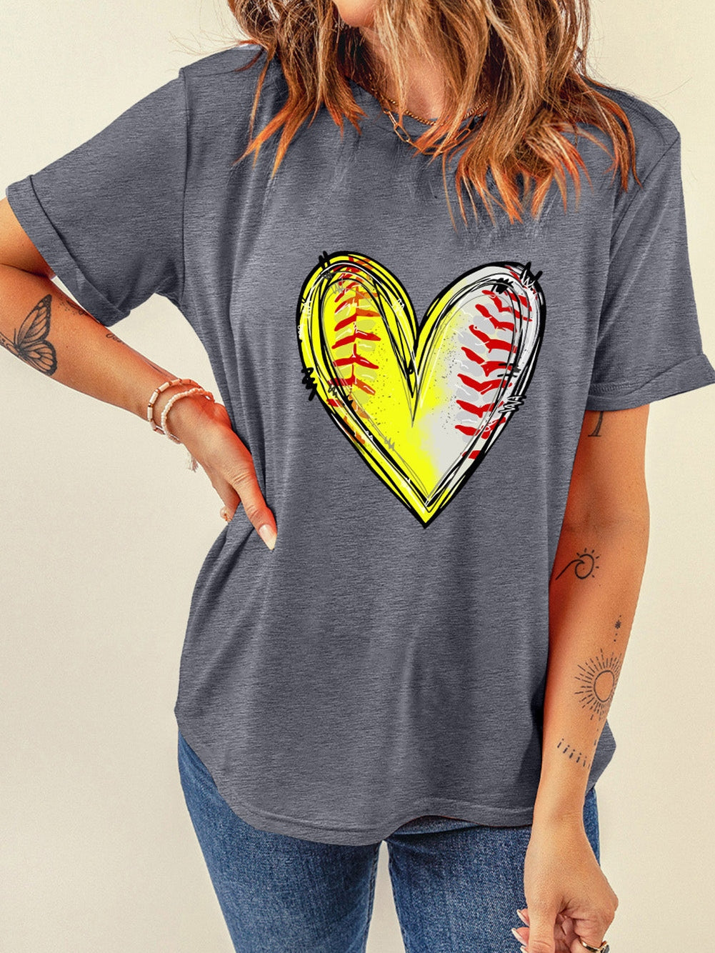 Baseball Heart Print Gray Crew Neck Tee