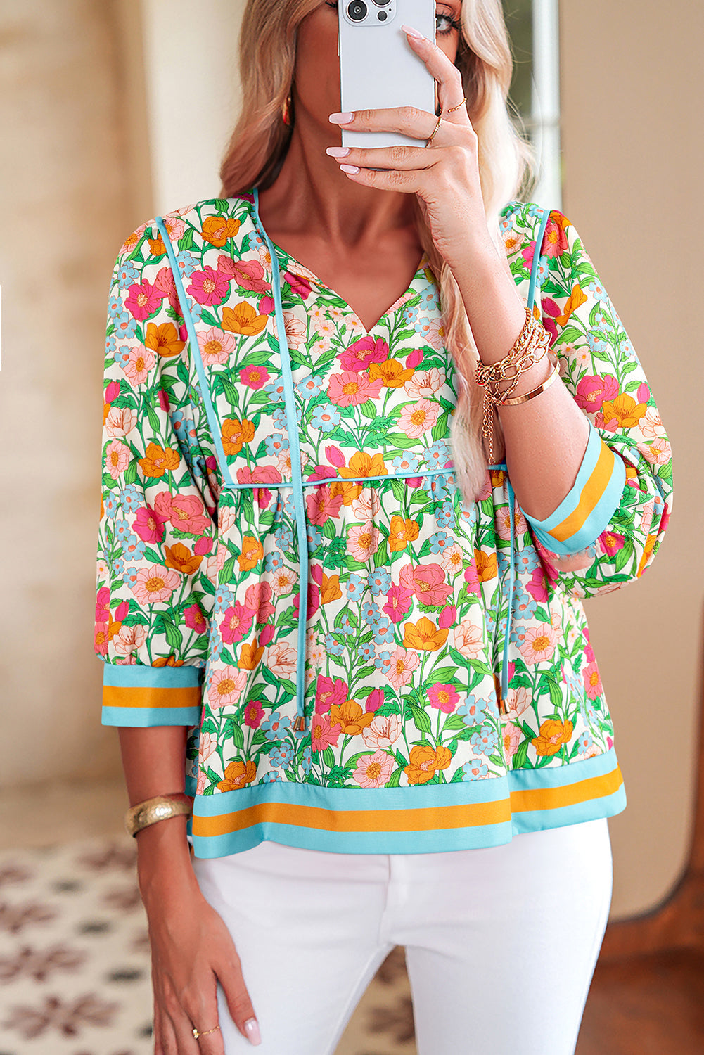 green floral blouse