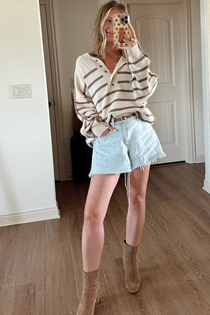 Khaki Stripe Exposed Seam Drop Shoulder Patchwork Loose Henley Sweater