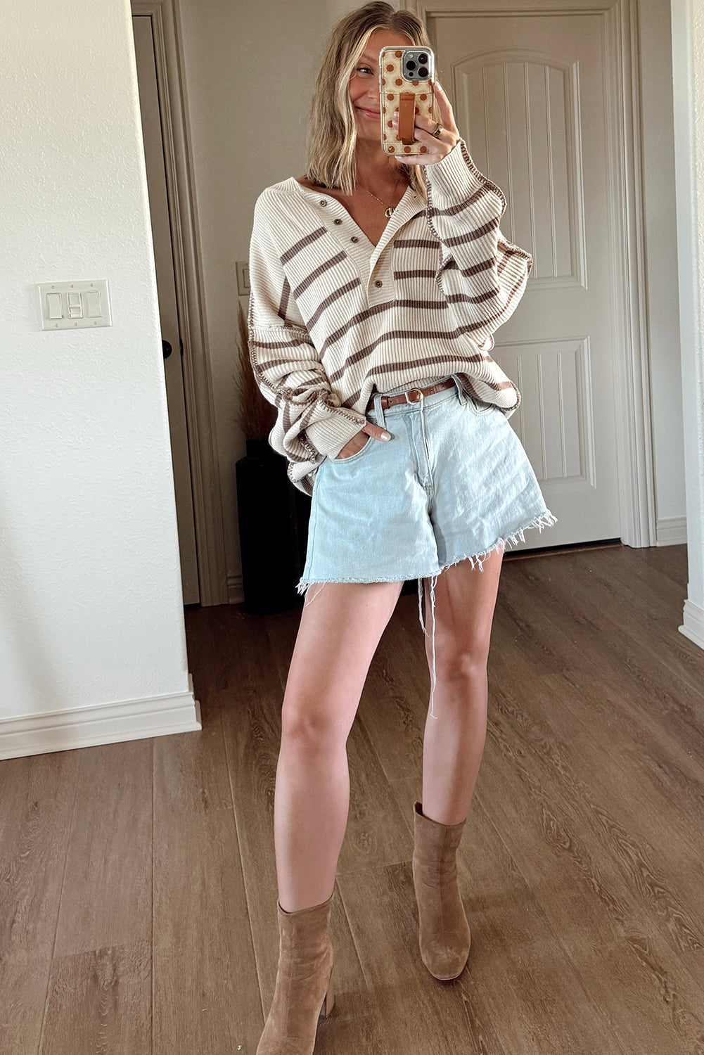 Khaki Stripe Exposed Seam Drop Shoulder Patchwork Loose Henley Sweater