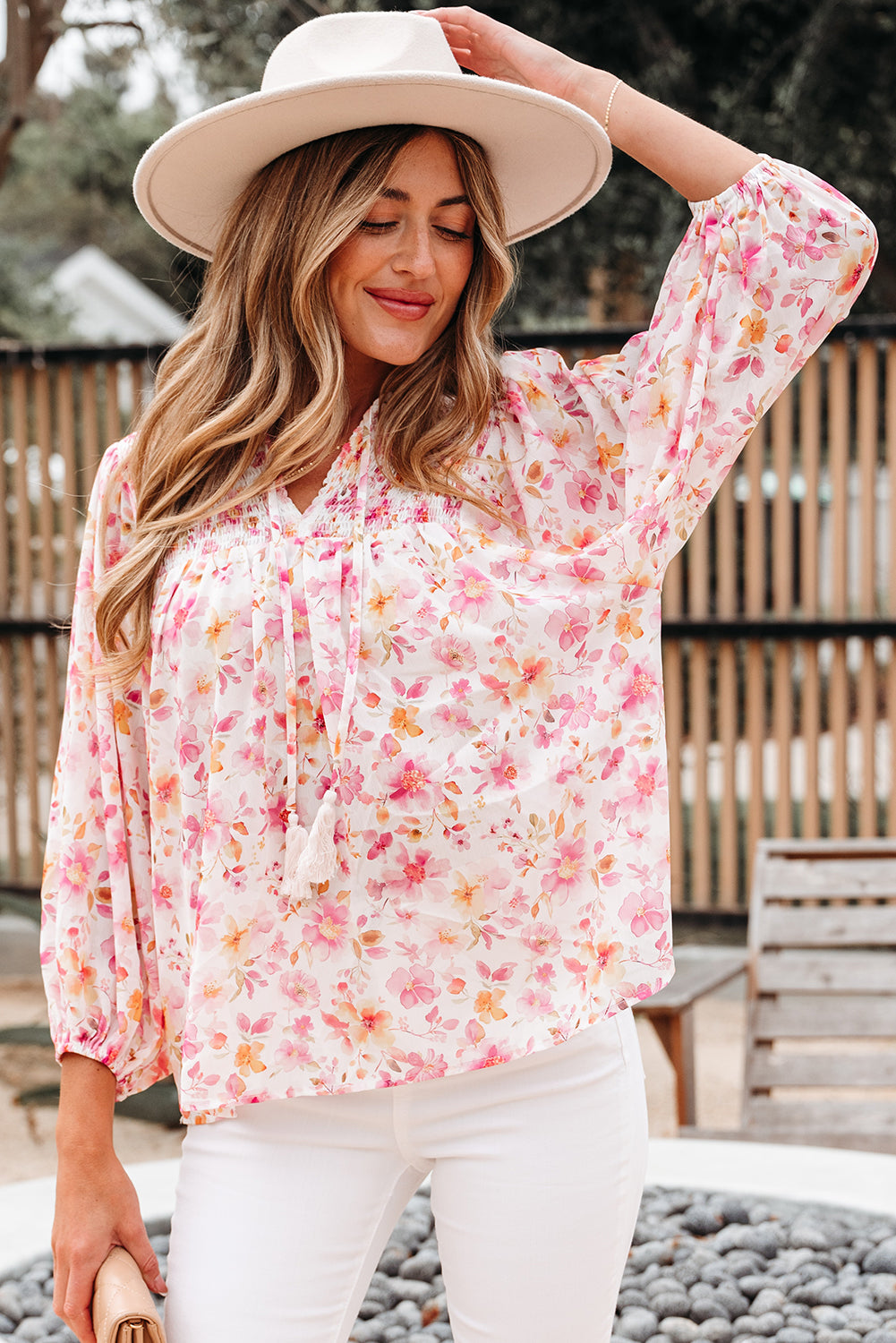 pink floral blouse