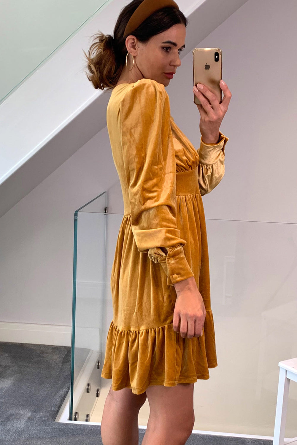 Golden Apricot Velvet Long Sleeve V Neck High Waist Ruffled Mini Dress