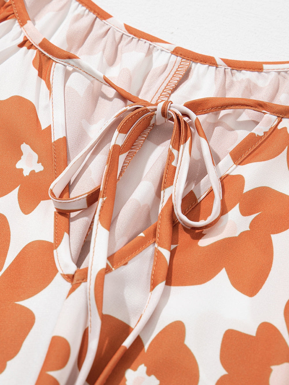 Orange Floral Print Plus Size V Neck Short Sleeve Blouse with Drawstring