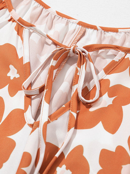 Orange Floral Print Plus Size V Neck Short Sleeve Blouse with Drawstring