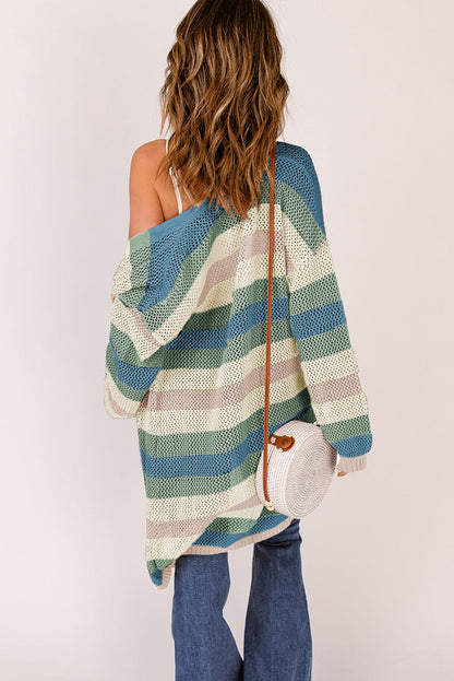 Green Hollowed Knit Color Block Striped Cardigan for Fall
