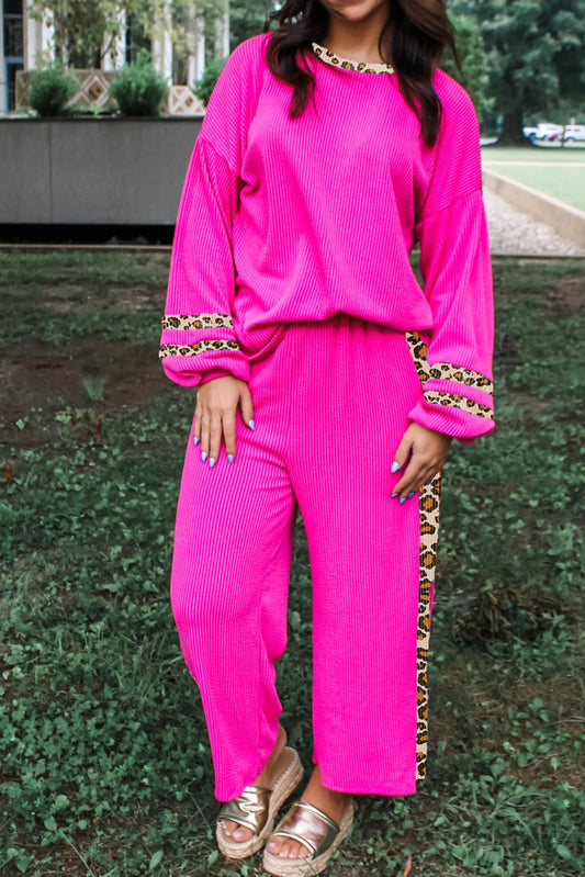 Bright Pink 3D Ribbed Contrast Leopard Trim Loose Pullover Casual Pant Set