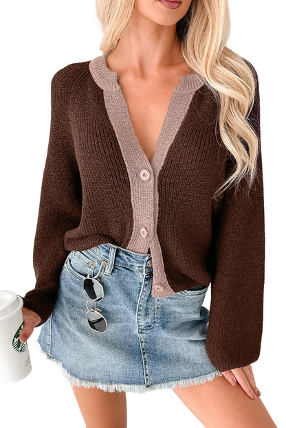 Chicory Coffee Contrast Knit V Neckline Short Cardigan