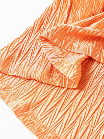 Grapefruit Orange Crinkled Texture Button-up Blouse with Wide Sleeves
