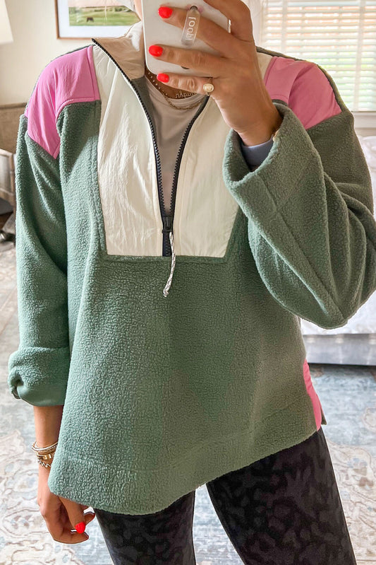 Green Fleece Color Block Patchwork Half Zip Sweatshirt