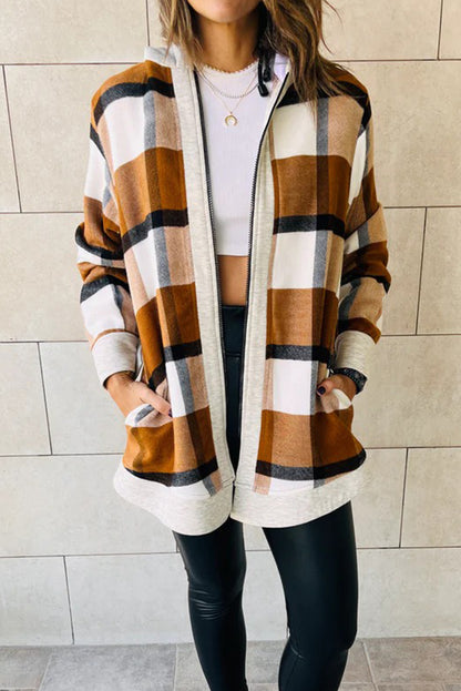 Brown Vintage Plaid Contrast Trim Hooded Zip Up Jacket