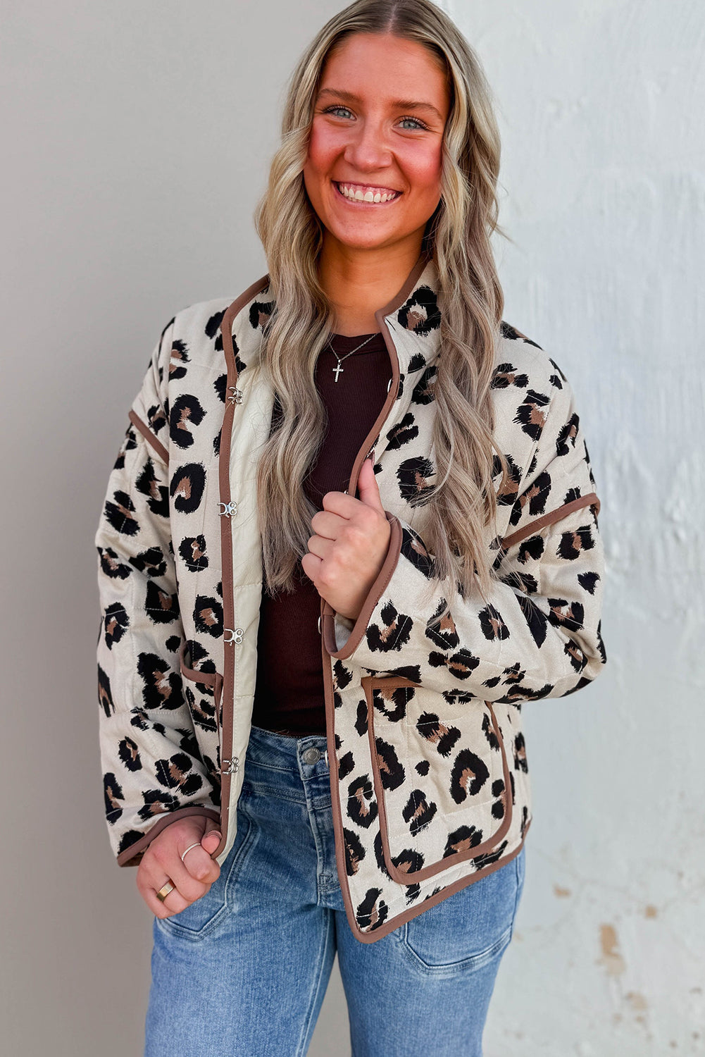 Khaki Leopard Quilted Contrast Trim Winter Jacket