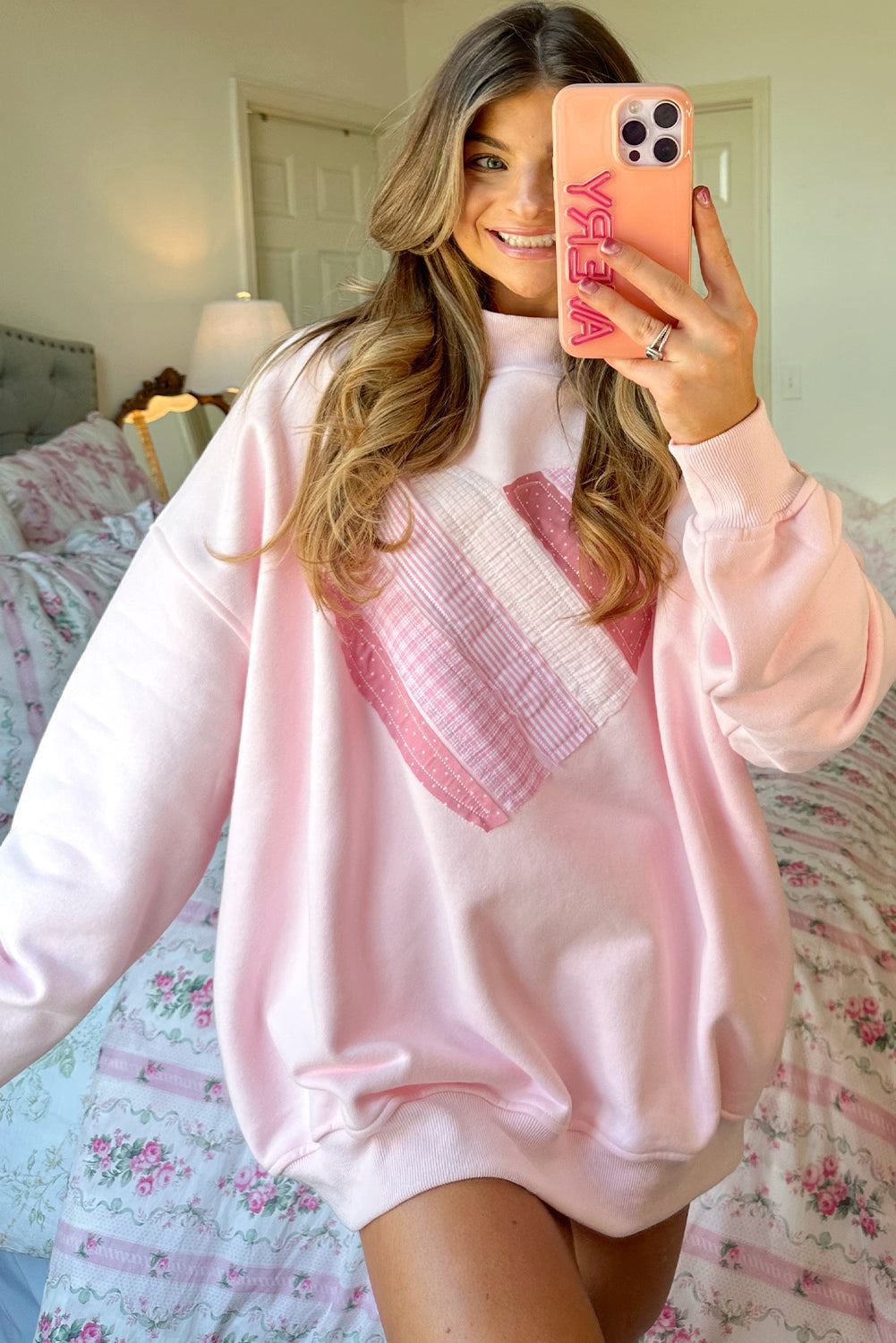 Light Pink Sweetheart Patchwork Mockneck Oversize Sweatshirt