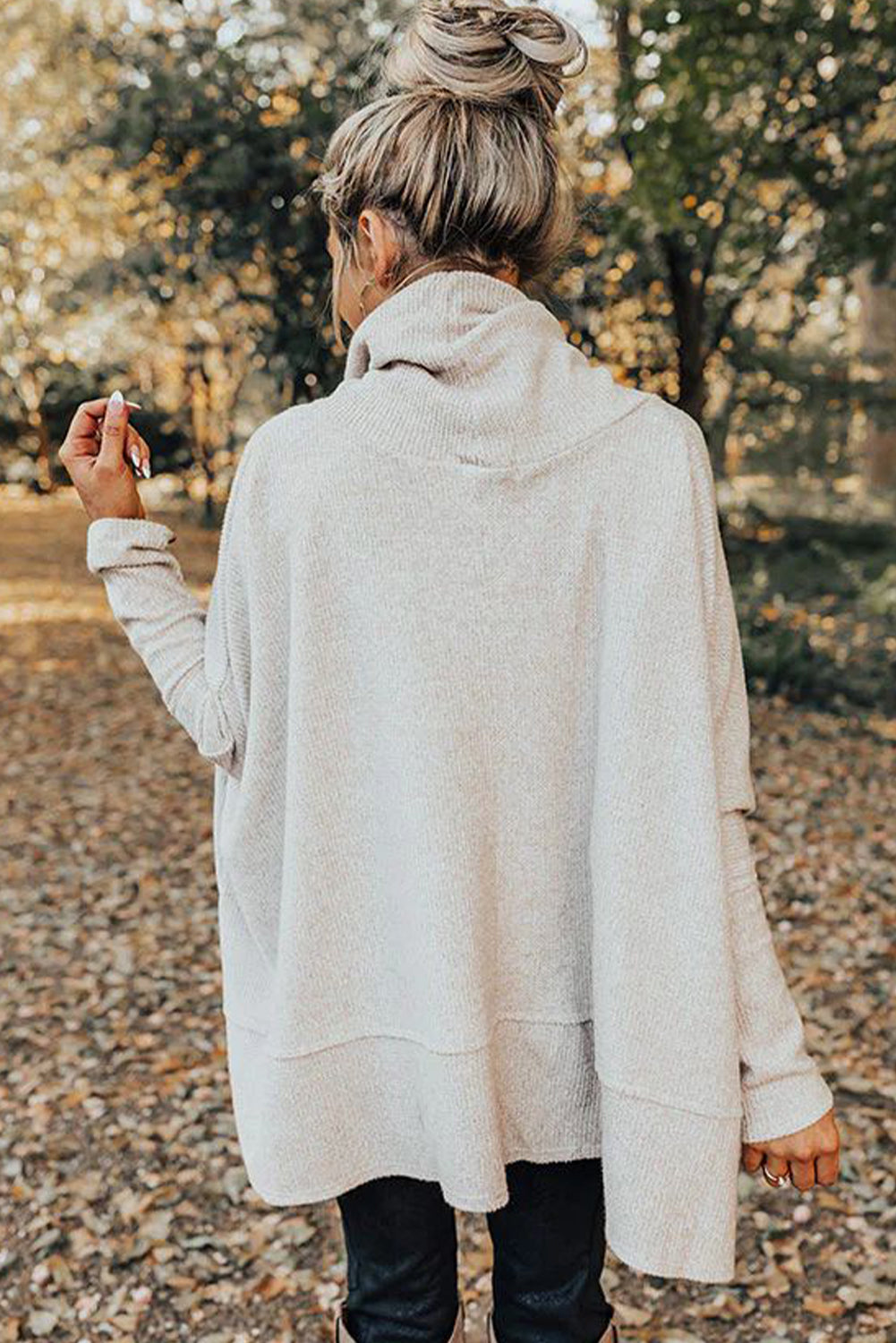 Light Grey Textured Knit Drawstring Cowl Neck Oversize Top with Side Slits