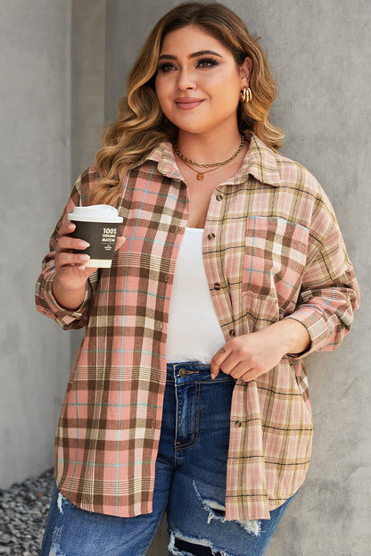 Pink Plaid Pocketed Plus Size Shirt With Long Sleeves