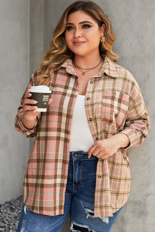 Pink Plaid Pocketed Plus Size Shirt With Long Sleeves
