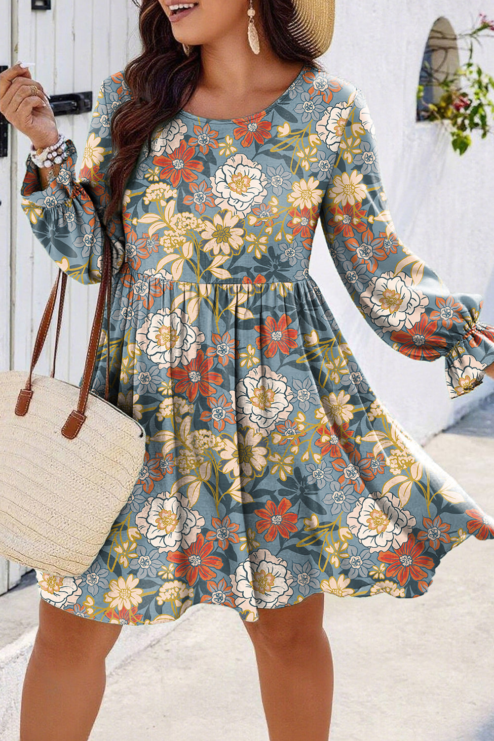 Blue Plus Size Floral Ruffled Long Sleeve Flowy Mini Dress