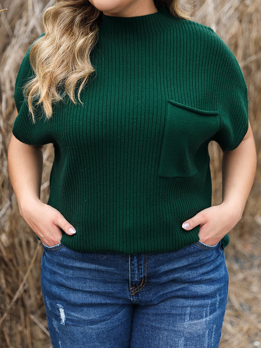 Jungle Green Plus Size Mock Neck Chest Pocket Short Sleeve Sweater